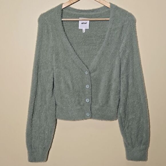 Aerie Fuzzy Cropped Cardigan Sweater Size‎ M Green Ultra Soft Twee - Picture 4 of 12